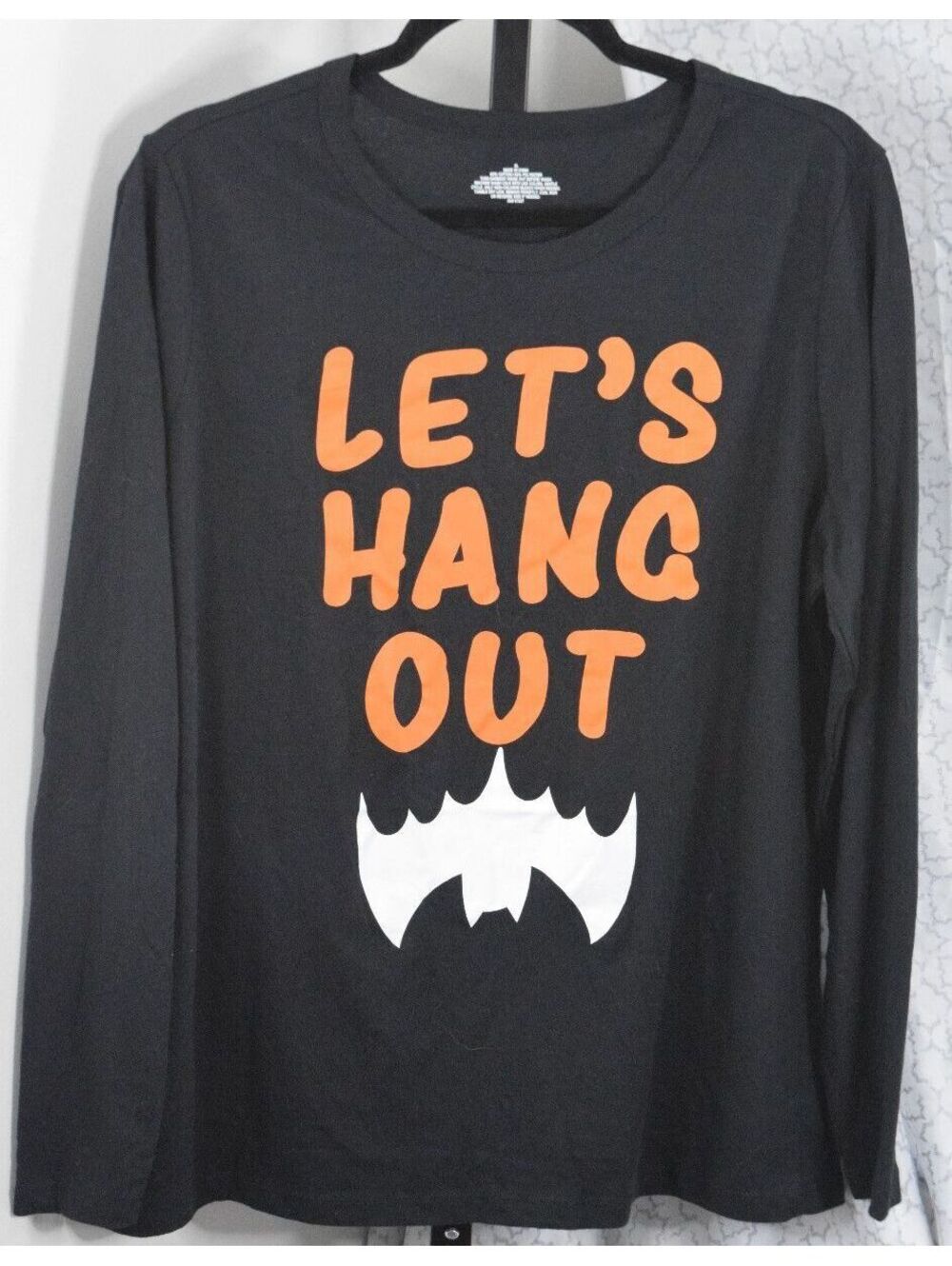 Black Long Sleeve Halloween Graphic T-Shirt Let's Hang Out Bat Print fun punny